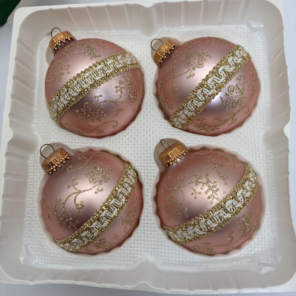 Christmas by Krebs Glass Ornaments Set 4 Pink Gold Glitter Braided Trim 2.75in